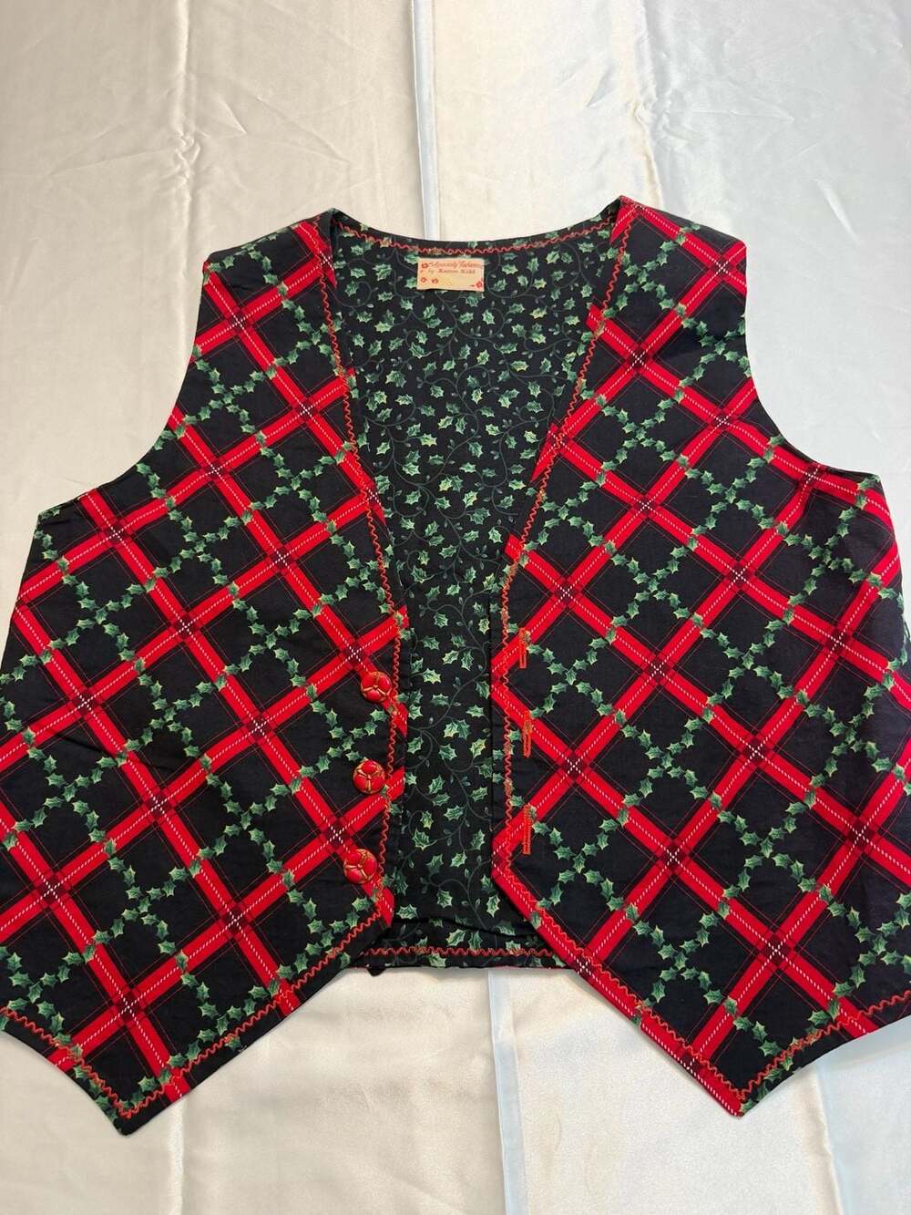 Vintage Specially Fashioned by Karron Kidd Christmas Holly Plaid Vest